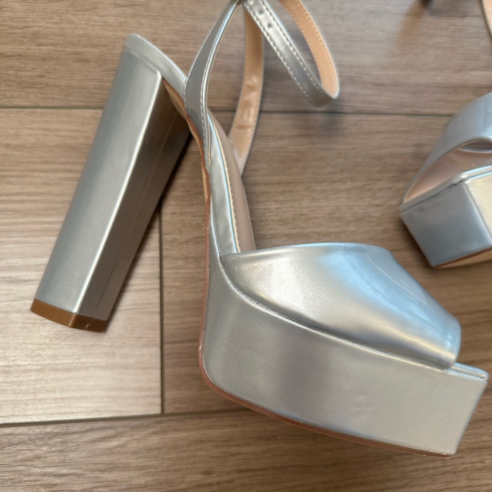 Fashion Nova Silver Platform Block Heel Sandals with Ankle Strap - Picture 5 of 11
